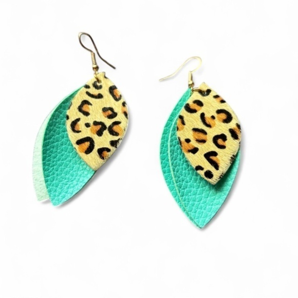 Handmade Teal Leopard Print Layered Faux Leather Leaf Dangle Earrings